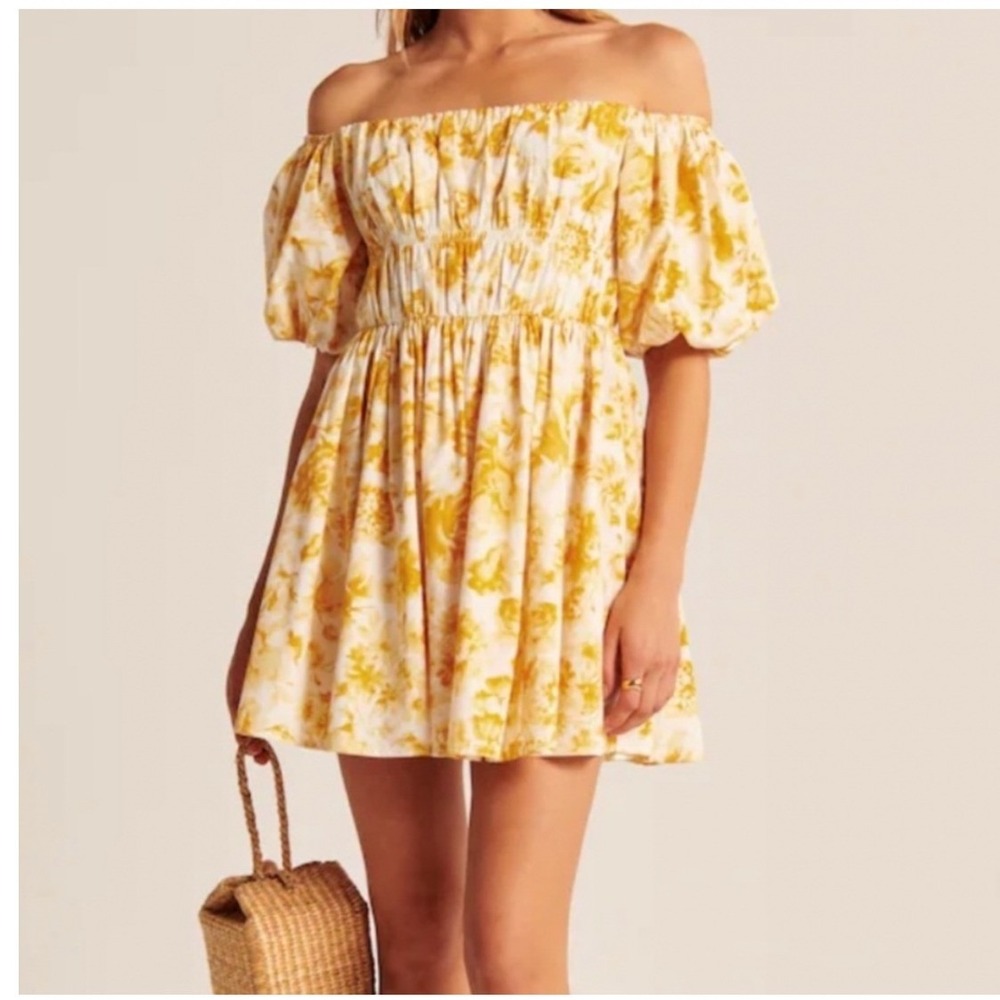 Abercrombie & Fitch Yellow Floral Smocked Off the Shoulder Mini Dress XSP New